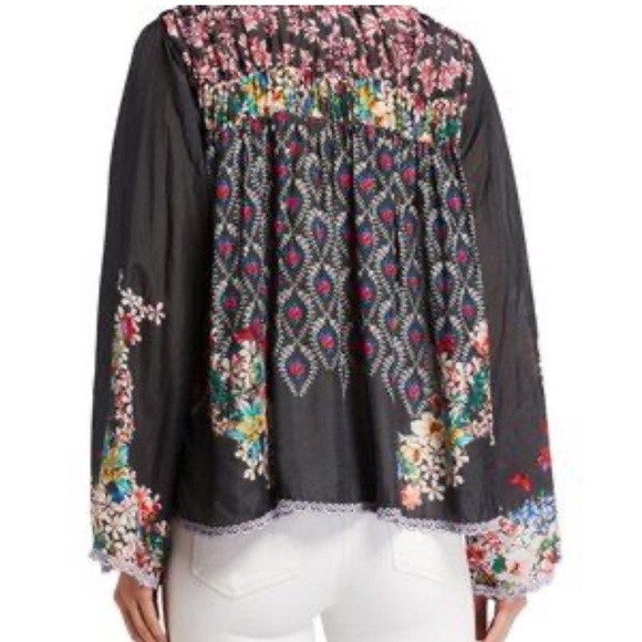 Johnny Was Martel Tassel-Tie Printed Silk Top xs small kimono black colorful - Picture 2 of 10